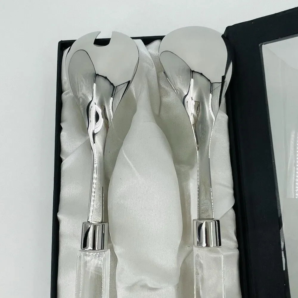 Oleg Cassini Stainless Salad Server Set Crystal Square Handles Satin Lined Box